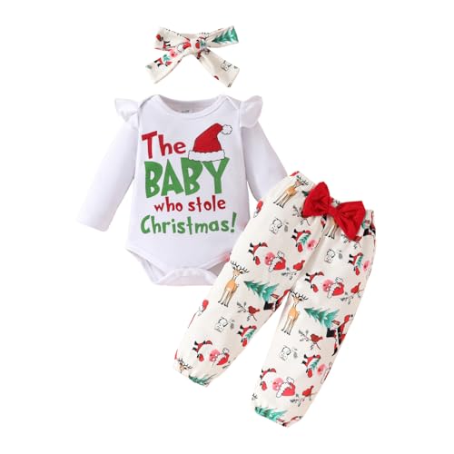 JiAmy Baby Mädchen Kleidung Neugeborene Langarm Strampler Kleidung Floral Hosen Outfits mit Mütze Herbst Winter 3Pcs Babykleidung Set mit Stirnband für 3-6 Monate Weiß Weihnachten von JiAmy
