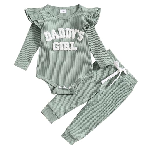 JiAmy Baby Mädchen Kleidung Rüschen Langarm Spitze Strampler Daddys Girl Bodysuit und Lange Hosen 2tlg Outfits für 6-9 Monate, Grün von JiAmy