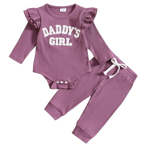 JiAmy Baby Mädchen Kleidung Rüschen Langarm Spitze Strampler Daddys Girl Bodysuit und Lange Hosen 2tlg Outfits für 6-9 Monate, Lila von JiAmy