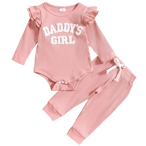 JiAmy Baby Mädchen Kleidung Rüschen Langarm Spitze Strampler Daddys Girl Bodysuit und Lange Hosen 2tlg Outfits für 6-9 Monate, Rosa von JiAmy