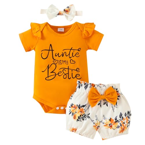 JiAmy Baby Mädchen Kleidung Set, Rüschen Kurzarm Spitze Strampler Auntie is My Bestie Bodysuit Kurze Hosen mit Stirnband 3tlg Outfits für 3-6 Monate, Orange von JiAmy