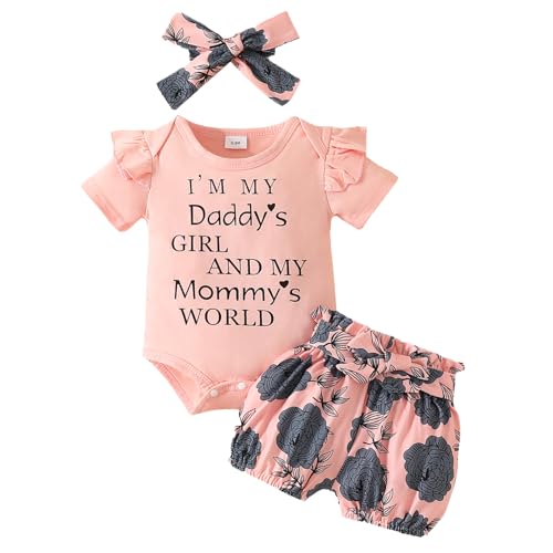 JiAmy Baby Mädchen Kleidung Set, Rüschen Kurzarm Spitze Strampler Daddy's Girl Bodysuit Kurze Hosen mit Stirnband 3tlg Outfits für 6-9 Monate, Rosa2 von JiAmy