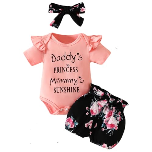 JiAmy Baby Mädchen Kleidung Set, Rüschen Kurzarm Spitze Strampler Daddy's Princess Bodysuit Kurze Hosen mit Stirnband 3tlg Outfits für 6-9 Monate, Pfirsich von JiAmy