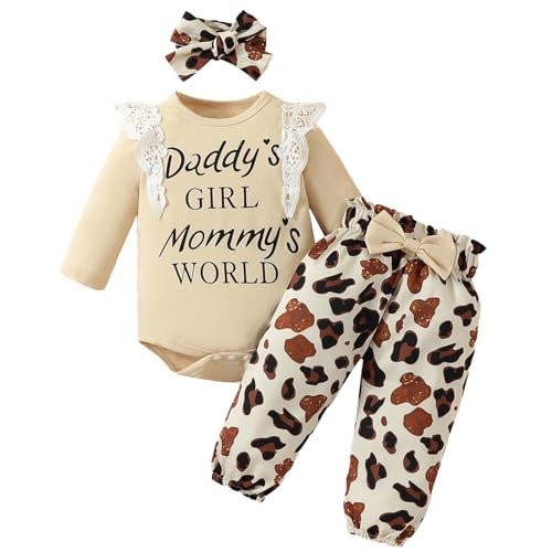 JiAmy Baby Mädchen Kleidung Set, Rüschen Langarm Spitze Strampler Daddy's Girl Mommy's World Bodysuit Lange Hosen mit Stirnband 3tlg Outfits für 3-6 Monate, Leopard von JiAmy