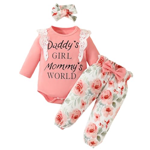 JiAmy Baby Mädchen Kleidung Set, Rüschen Langarm Spitze Strampler Daddy's Girl Mommy's World Bodysuit Lange Hosen mit Stirnband 3tlg Outfits für 3-6 Monate, Rose1 von JiAmy