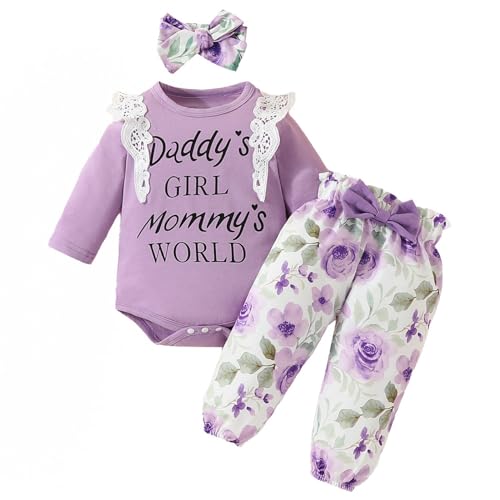 JiAmy Baby Mädchen Kleidung Set, Rüschen Langarm Spitze Strampler Daddy's Girl Mommy's World Bodysuit Lange Hosen mit Stirnband 3tlg Outfits für 6-9 Monate, Lila von JiAmy