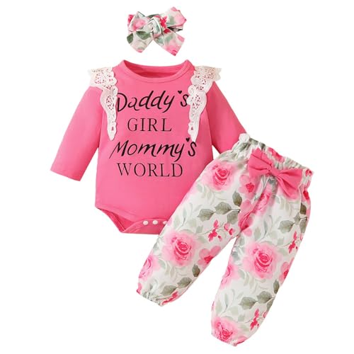 JiAmy Baby Mädchen Kleidung Set, Rüschen Langarm Spitze Strampler Daddy's Girl Mommy's World Bodysuit Lange Hosen mit Stirnband 3tlg Outfits für 6-9 Monate, Rose2 von JiAmy