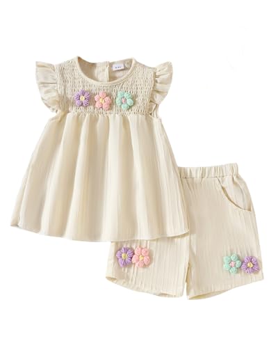 JiAmy Baby Mädchen Kleidung Sommer Blumen Drucken Rüschen Kurzarm Top + Shorts mit Taschen Babykleidung Set Kleinkind Bekleidungssets für 9-12 Monate Beige von JiAmy