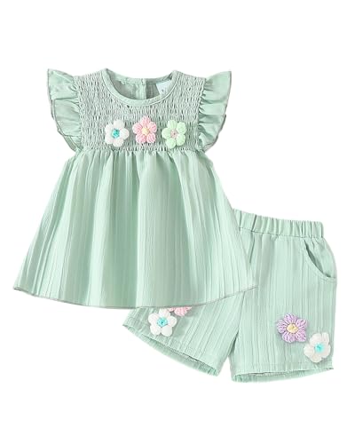 JiAmy Baby Mädchen Kleidung Sommer Blumen Drucken Rüschen Kurzarm Top + Shorts mit Taschen Babykleidung Set Kleinkind Bekleidungssets für 9-12 Monate Grün von JiAmy