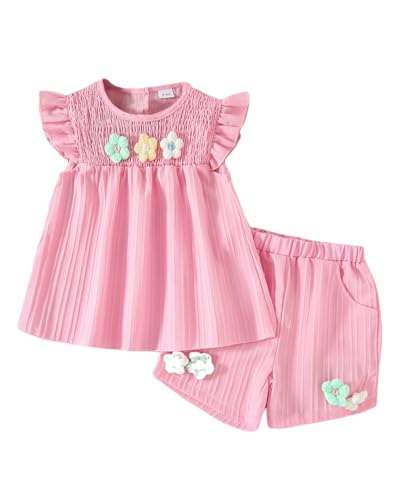 JiAmy Baby Mädchen Kleidung Sommer Blumen Drucken Rüschen Kurzarm Top + Shorts mit Taschen Babykleidung Set Kleinkind Bekleidungssets für 9-12 Monate Rosa von JiAmy