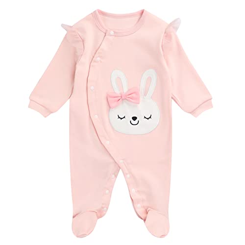 JiAmy Baby Mädchen Strampler Baumwolle Footie Langarm Spielanzug Pyjamas, Rosa Kaninchen 0-3 Monate von JiAmy