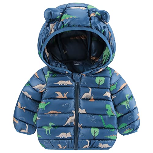 Baby Steppjacke Kleinkind Wintermantel Baby Jungen Mädchen Kapuzenbekleidung Leichte wattierte Jacken mit Blauer Dinosaurier, 2-3 Jahre von JiAmy