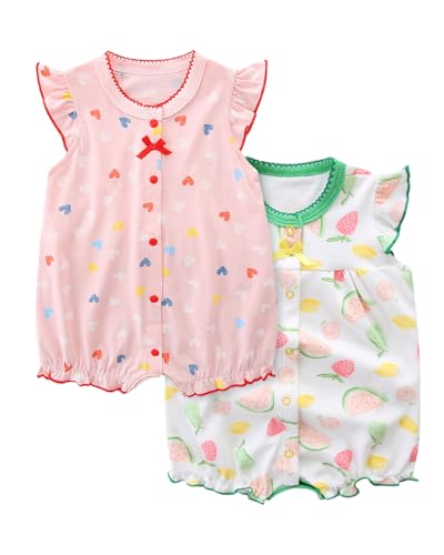 JiAmy Baby Strampler Mädchen Sommer 2er Pack, Kurzarm Jumpsuit Kleidung aus 100% Baumwolle, Spielanzug & Pyjama Babykleidung Grün 3-6 Monate von JiAmy