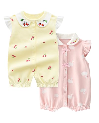 JiAmy Baby Strampler Mädchen Sommer 2er Pack, Kurzarm Jumpsuit Kleidung aus 100% Baumwolle, Spielanzug & Pyjama Babykleidung Rosa 9-12 Monate von JiAmy