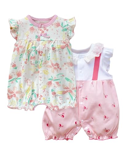 JiAmy Baby Strampler Mädchen Sommer 2er Pack, Kurzarm Jumpsuit Kleidung aus 100% Baumwolle, Spielanzug & Pyjama Babykleidung Weiß 3-6 Monate von JiAmy