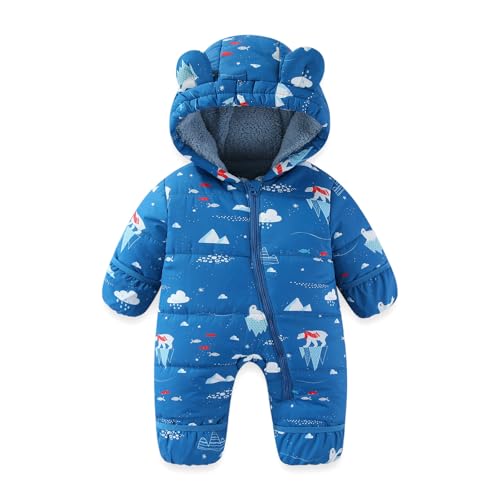 JiAmy Baby Winter Schneeanzug, Kleinkind Bär Kapuze Fold-Over Fäustlinge Füßlinge Overall Kleinkind Warm Fleece Strampler Mädchen Jungen Warm Jumpsuit 3-6 Monate von JiAmy