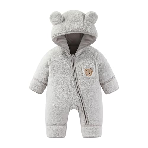 JiAmy Baby Winter Schneeanzug, Kleinkind Bär Kapuze Fold-Over Fäustlinge Füßlinge Overall Kleinkind Warm Fleece Strampler Mädchen Jungen Warm Outfits 3-6 Months von JiAmy