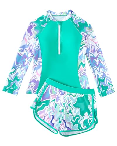 JiAmy Badeanzüge Mädchen, Langärmelige UV Schwimmen Rashguard Set Reißverschluss Bademode für Kinder 8-9 Jahre von JiAmy