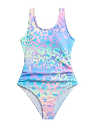 JiAmy Badeanzug Mädchen Einteiler Farbverlauf Leopardenmuster Ärmellos Kinder Sommer Schwimmanzug Bademode Badeanzüge für 8-9 Jahre (Etikett:120), Blau von JiAmy