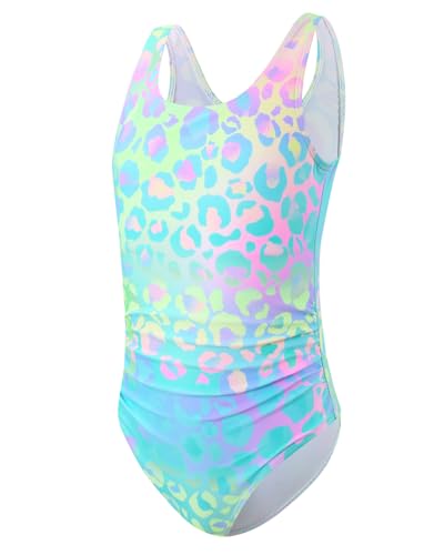 JiAmy Badeanzug Mädchen Einteiler Farbverlauf Leopardenmuster Ärmellos Kinder Sommer Schwimmanzug Bademode Badeanzüge für 9-10 Jahre (Etikett:130), Grün von JiAmy
