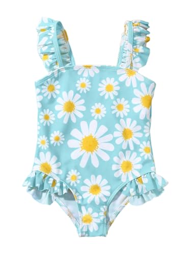 JiAmy Mädchen Badeanzug Kleinkinder Einteiliger Ärmellos Blumenmuster Schwimmanzug Rüschen Elastischen Trägern Schwimmkleidung für 3-4 Jahre,Blau (Etikett:100) von JiAmy