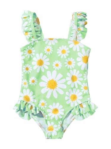 JiAmy Mädchen Badeanzug Kleinkinder Einteiliger Ärmellos Blumenmuster Schwimmanzug Rüschen Elastischen Trägern Schwimmkleidung für 3-4 Jahre,Grün (Etikett:100) von JiAmy