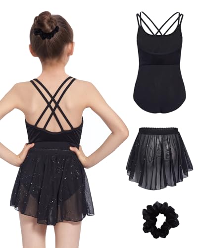 JiAmy Ballettkleid Mädchen ärmellos Ballettkleidung Kinder Glitzer Balletttrikot Tanzkleid mit Abnehmbarem Chiffon Rock Tütü und einem Haarband für 11-12 Jahre,Schwarz von JiAmy