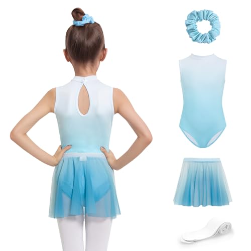 JiAmy Ballettkleider für Kinder Ärmellose Ballettkleidung Mädchen Tanzbekleidung Balletttrikot mit Rock Tütü Ballett Strumpfhose 140, Blau von JiAmy
