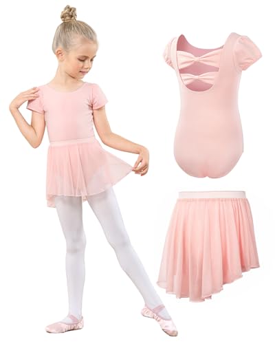 JiAmy Ballettkleidung Mädchen, Ballettkleid Mädchen Ballettanzug, Baumwolle Kurzarm Balletttrikot Turnanzug Tanzbody + Chiffon Wickelrock Tütü Rock Tanzkleid 2tlg für Kinder 3-11Jahre von JiAmy