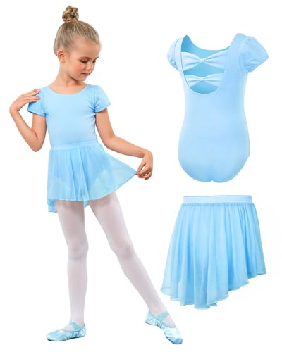 JiAmy Ballettkleidung Mädchen, Ballettkleid Mädchen Ballettanzug, Baumwolle Kurzarm Balletttrikot Turnanzug Tanzbody + Chiffon Wickelrock Tütü Rock Tanzkleid 2tlg für Kinder 3-11Jahre von JiAmy