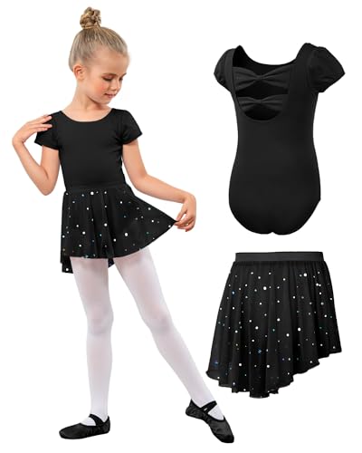 JiAmy Ballettkleidung Mädchen, Ballettkleid Mädchen Ballettanzug, Baumwolle Kurzarm Balletttrikot Turnanzug Tanzbody + Chiffon Wickelrock Tütü Rock Tanzkleid 2tlg für Kinder 3-11Jahre von JiAmy