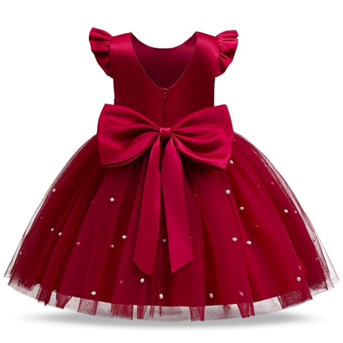 JiAmy Blumenmädchenkleider Kinder Ärmellos V-Ausschnitt Bowknot Hochzeit Brautjungfer Partykleid Festliches Prinzessin Tüll Kleider für Mädchen 5 Jahre Rot von JiAmy