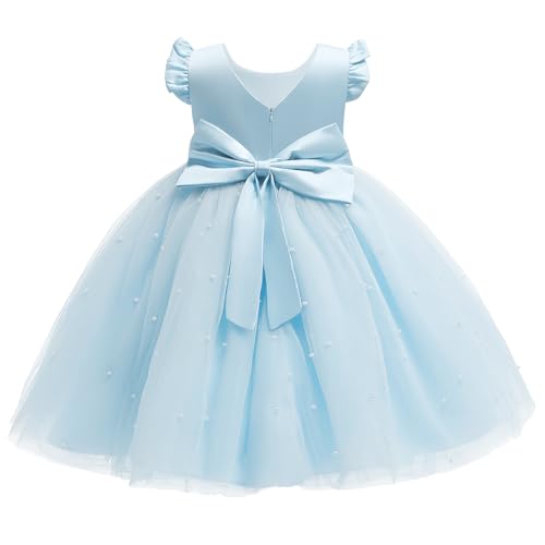 JiAmy Blumenmädchenkleider Kinder Ärmellos V-Ausschnitt Bowknot Hochzeit Brautjungfer Partykleid Festliches Prinzessin Tüll Kleider für Mädchen 7 Jahre Blau von JiAmy