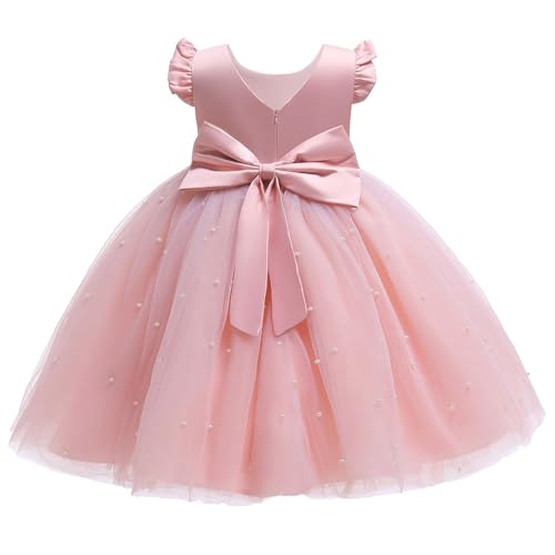 JiAmy Blumenmädchenkleider Kinder Ärmellos V-Ausschnitt Bowknot Hochzeit Brautjungfer Partykleid Festliches Prinzessin Tüll Kleider für Mädchen 7 Jahre Rosa von JiAmy