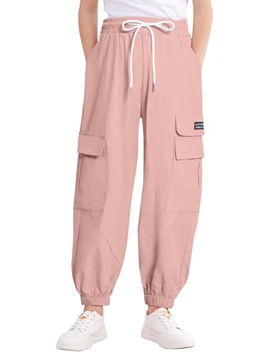 JiAmy Cargo Hose Kinder Mädchen Hohe Taille Baumwolle Baggy Hip Hop Jogger mit Mehreren Taschen Casual Fallschirm Hose 130,Rosa von JiAmy