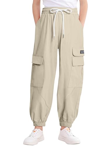 JiAmy Cargo Hose Kinder Mädchen Hohe Taille Baumwolle Baggy Hip Hop Jogger mit Mehreren Taschen Casual Fallschirm Hose 150,Beige von JiAmy