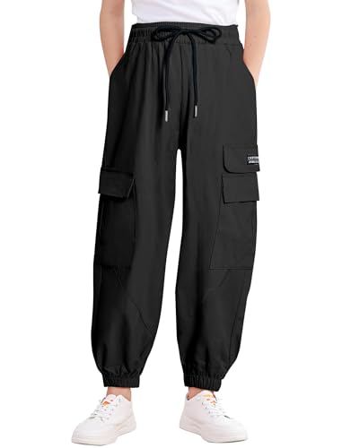 JiAmy Cargo Hose Kinder Mädchen Hohe Taille Baumwolle Baggy Hip Hop Jogger mit Mehreren Taschen Casual Fallschirm Hose 150,Schwarz von JiAmy
