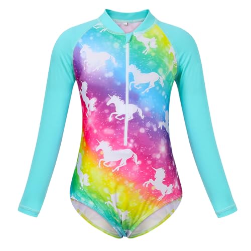 JiAmy Einteiler Mädchen Badeanzug Langärmelig Reißverschluss Geblümter Meerjungfrauen Bademode Sommer Rash Guards für Kinder 3–12 Jahre/98-158 von JiAmy