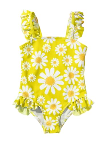 JiAmy Einteiliger Badeanzug Mädchen Rüschen Blumenmuster Hübsch Ärmellos Kinder Sommer Urlaubsoutfit für 5-6 Jahre,Gelb (Etikett:110) von JiAmy