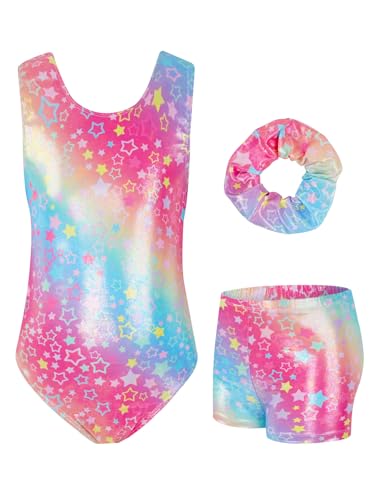 JiAmy Turnanzug Mädchen, Gymnastikanzug Kinder mit Hose Haarband Set, Glänzendes Gymnastik Turnanzug Leotard für 8-9 Jahre Farbige Sterne von JiAmy