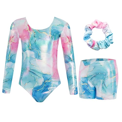 JiAmy Gymnastikanzug Mädchen, Turnanzug Turnshorts Haarband Set Turnanzug Leotard Set für 3-12 Jahre von JiAmy