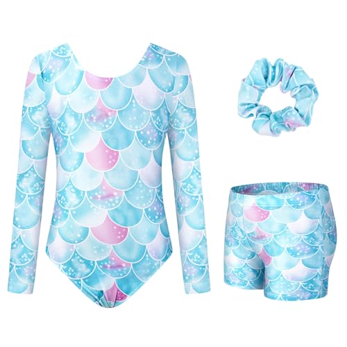 JiAmy Gymnastikanzug Mädchen, Turnanzug Turnshorts Haarband Set Turnanzug Leotard Set für 3-12 Jahre von JiAmy