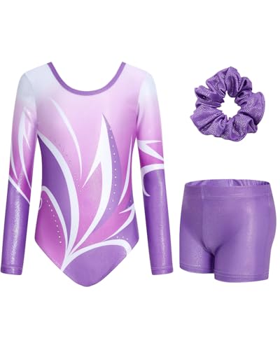 JiAmy Gymnastikanzug Mädchen, Turnanzug Turnshorts Haarband Set Turnanzug Leotard Set für 3-12 Jahre von JiAmy