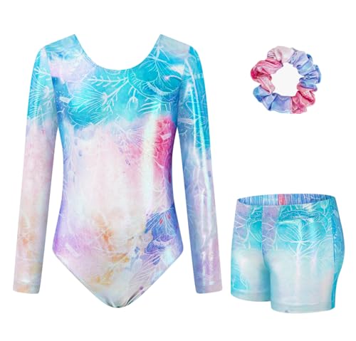 JiAmy Gymnastikanzug Mädchen, Turnanzug Turnshorts Haarband Set Turnanzug Leotard Set für 3-12 Jahre von JiAmy