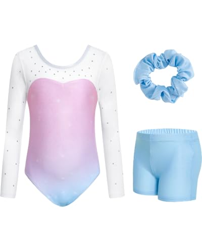 JiAmy Gymnastikanzug Mädchen, Turnanzug Turnshorts Haarband Set Turnanzug Leotard Set für 3-12 Jahre von JiAmy
