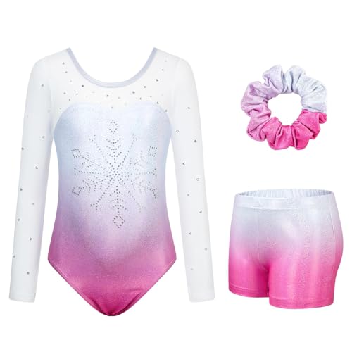 JiAmy Gymnastikanzug Mädchen, Turnanzug Turnshorts Haarband Set Turnanzug Leotard Set für 3-12 Jahre von JiAmy