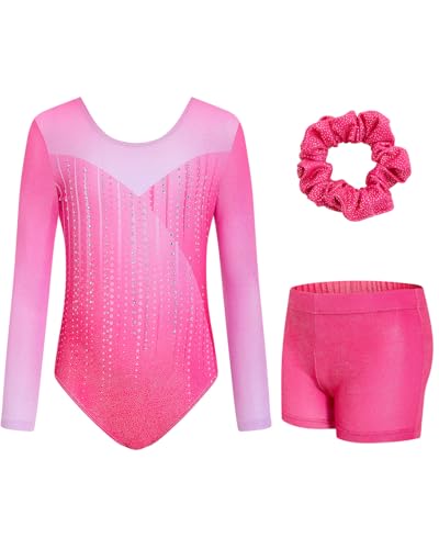 JiAmy Gymnastikanzug Mädchen, Turnanzug Turnshorts Haarband Set Turnanzug Leotard Set für 3-12 Jahre von JiAmy