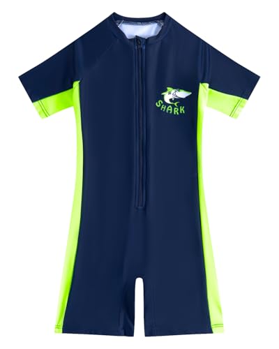 JiAmy Jungen Badeanzug Einteiler UV-Schutz Kurzarm Kinder Vorne Reißverschluss Rashguard Schwimmanzug Sommer Badebekleidung Bademode für 10 Jahre 134-140 von JiAmy