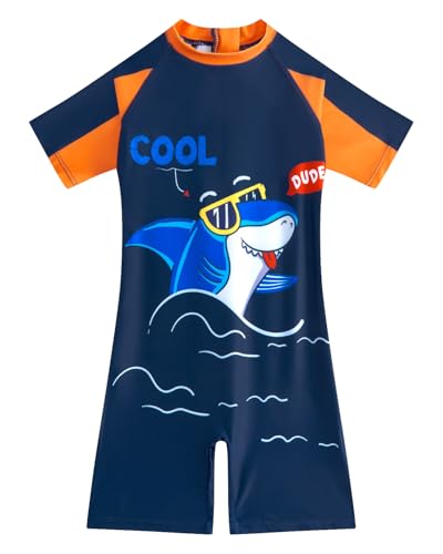 JiAmy Jungen Badeanzug Einteiler UV-Schutz Kurzarm Kinder Reißverschluss Rückseite Rashguard Schwimmanzug Badebekleidung Bademode für 9 Jahre 128-134 von JiAmy