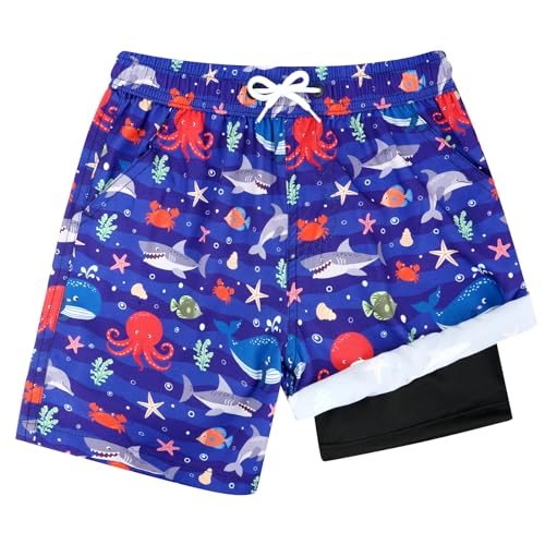 JiAmy Jungen Badehose 2 in 1 Kinder Badeshorts mit Kompression Innenhose Gymnastikshorts mit Taschen und elastischem Bund schnelltrocknende Schwimmhose Strand Trunks Boardshorts für Jungen 7-8 Jahren von JiAmy